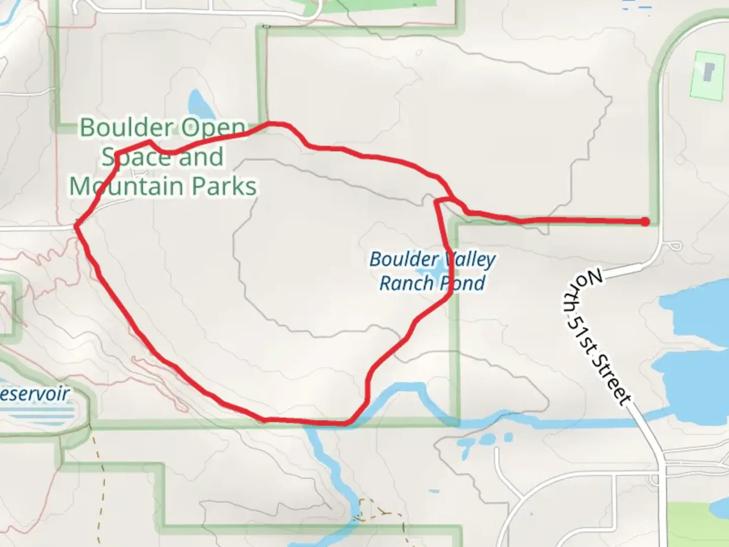 An image depicting the trail Boulder Valley Ranch Pond Loop and its surrounding area.