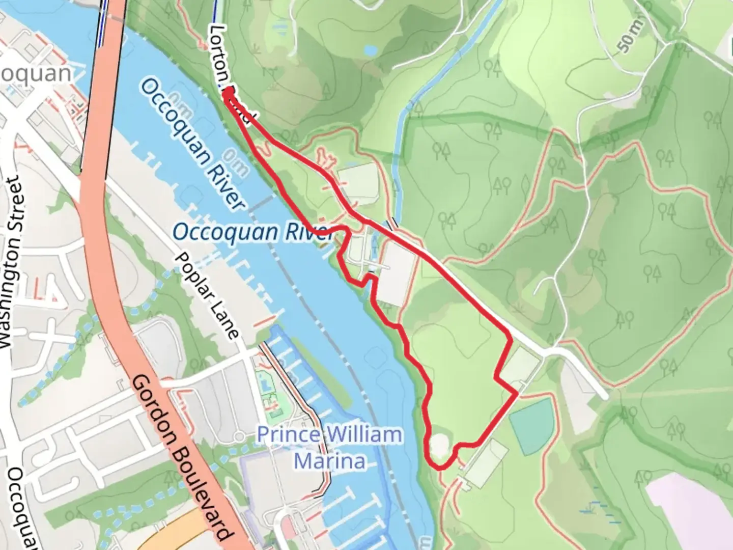 An image depicting the trail Lorton Road and Occoquan River Loop and its surrounding area.