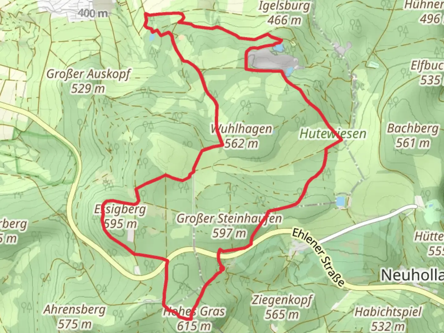 An image depicting the trail Hohes Gras, Essigberg, Silbersee and Großer Steinhaufen Loop via Vaake Brunslar and its surrounding area.
