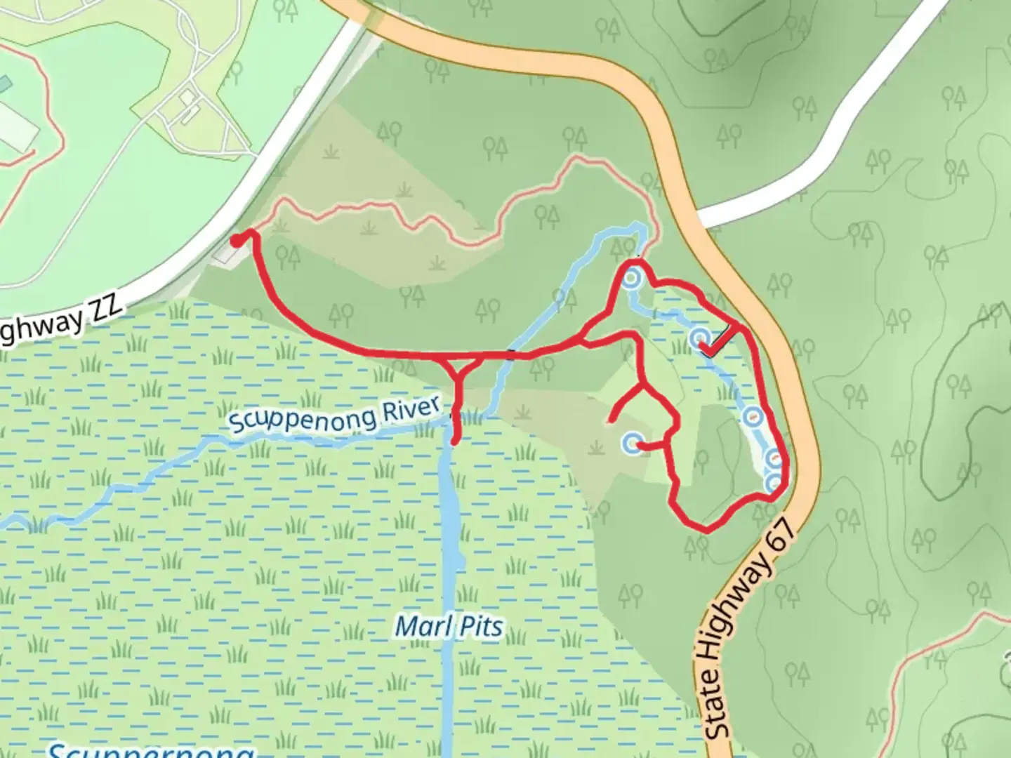 An image depicting the trail Scuppernong Springs Nature Loop Trail and its surrounding area.