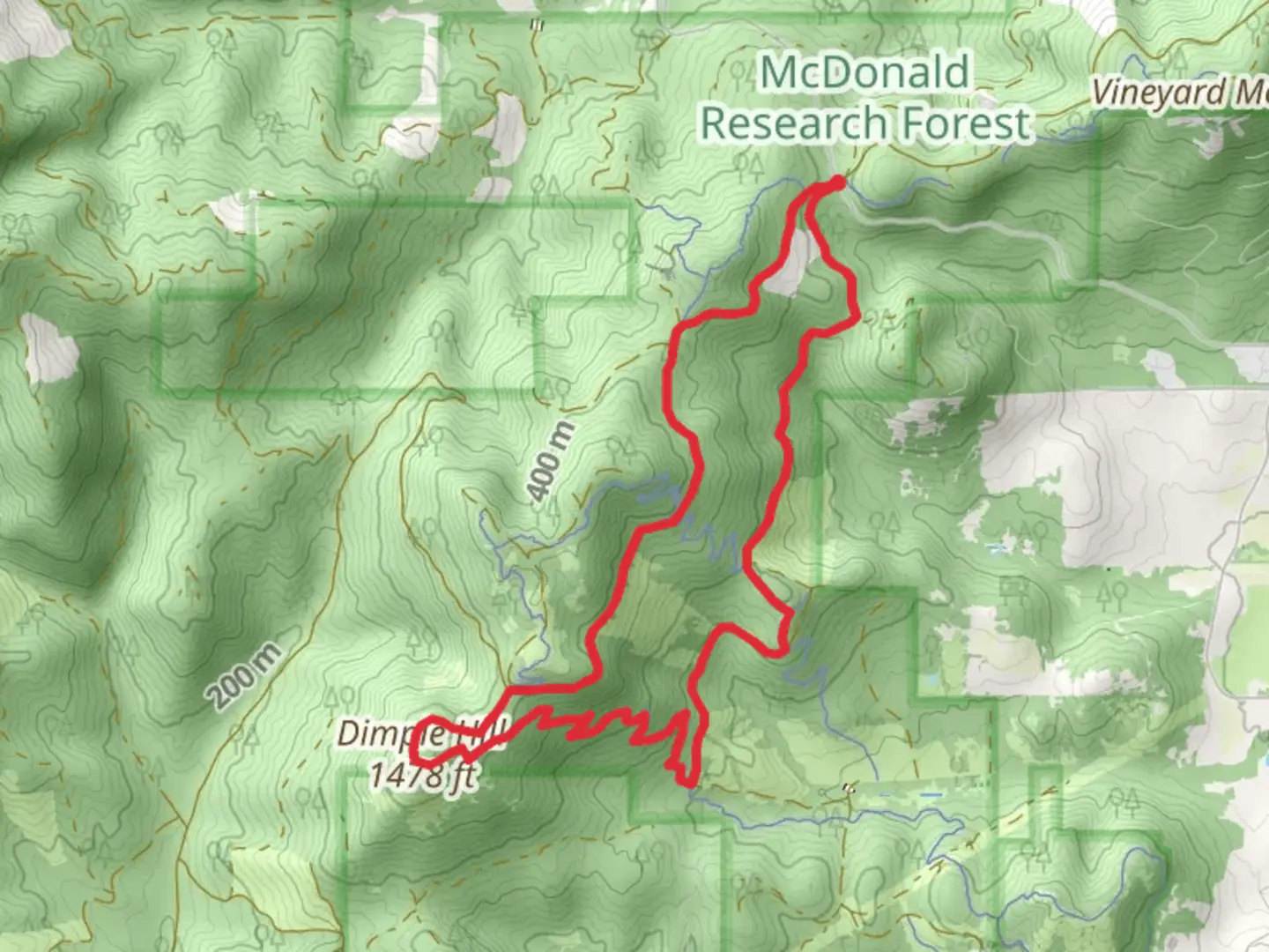 An image depicting the trail Dimple Hill and Upper Dan's Loop Trail and its surrounding area.