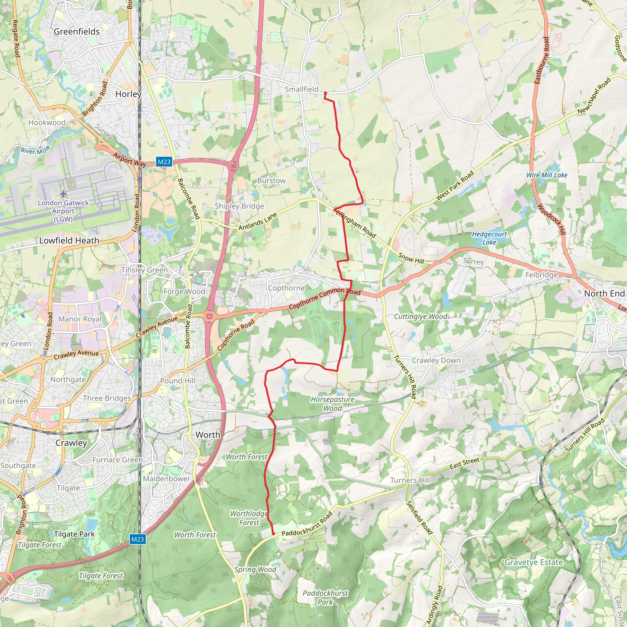 Smallfield to Poddockhurst Road via Mill Pond mobile static map