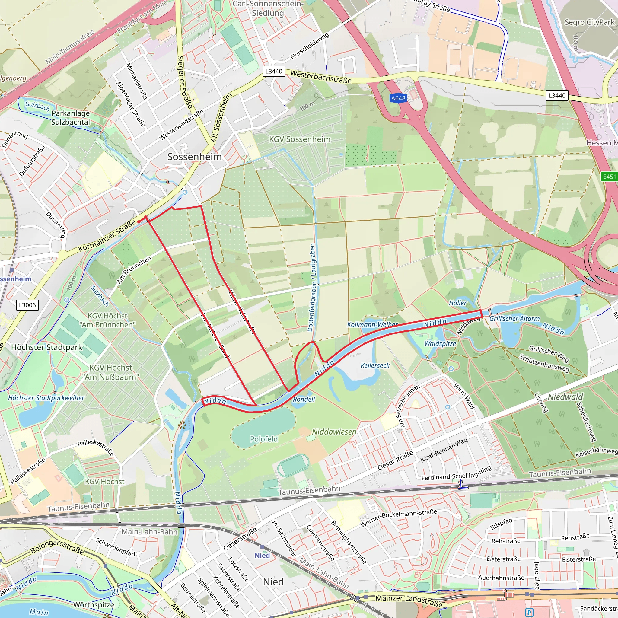 Sossenheim and Eisenbahnsiedlung Loop via River Nidda mobile static map