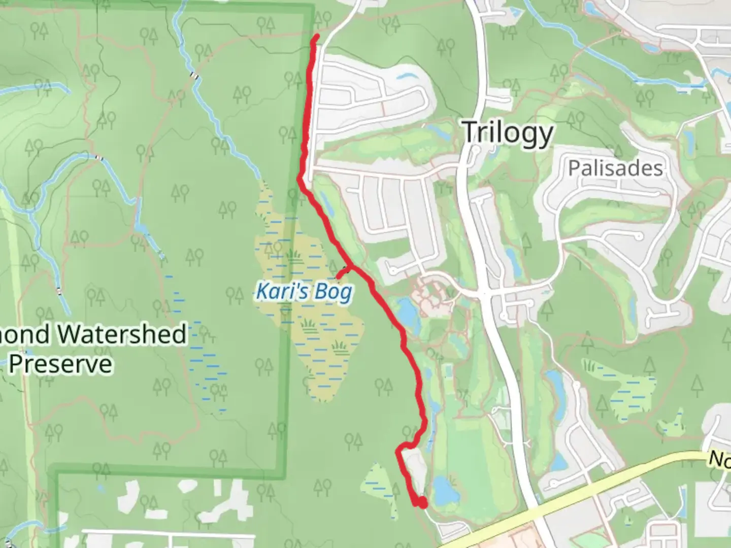 An image depicting the trail Kari's Bog Trail and its surrounding area.