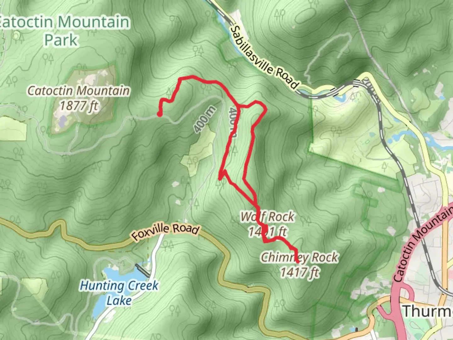 An image depicting the trail Chimney Rock and Wolf Rock via Thurmont Vista Trail and its surrounding area.