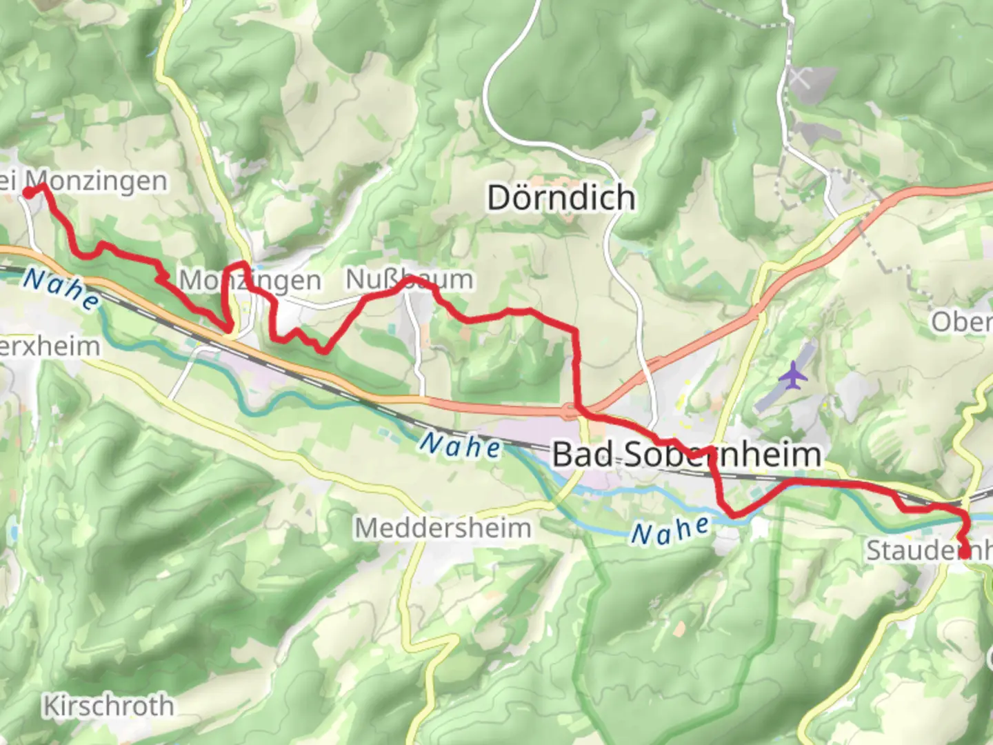 An image depicting the trail Weiler bei Monzingen to Staudernheim via Weinwanderweg Rhein Nahe and its surrounding area.