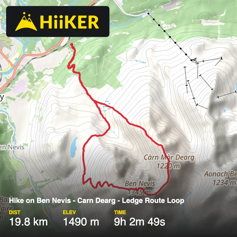 A map preview of the recording Hike on Ben Nevis - Carn Dearg - Ledge Route Loop.