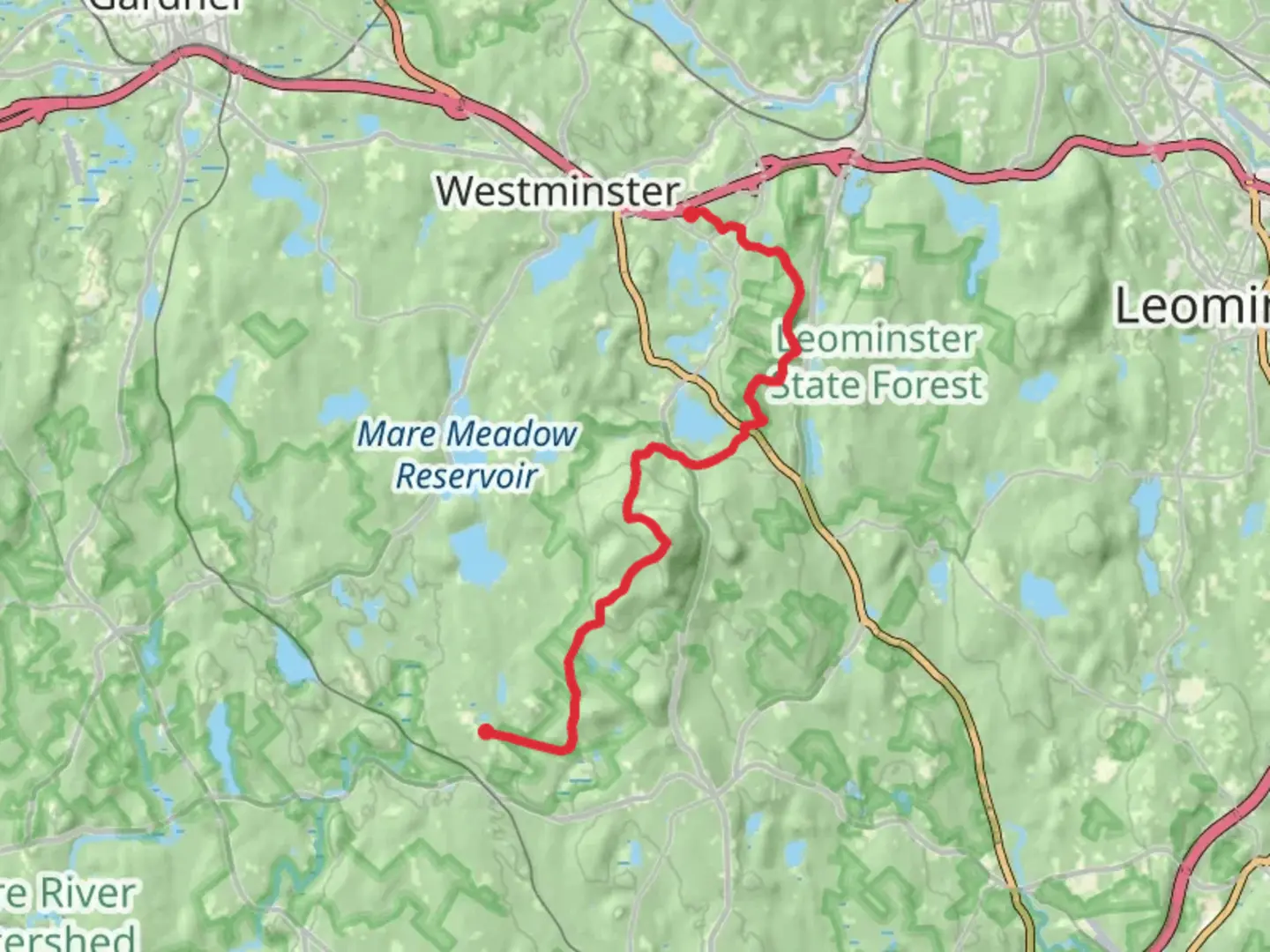 An image depicting the trail Midstate Trail via Mount Wachusett - Wachusett Mountain State Reservation and its surrounding area.
