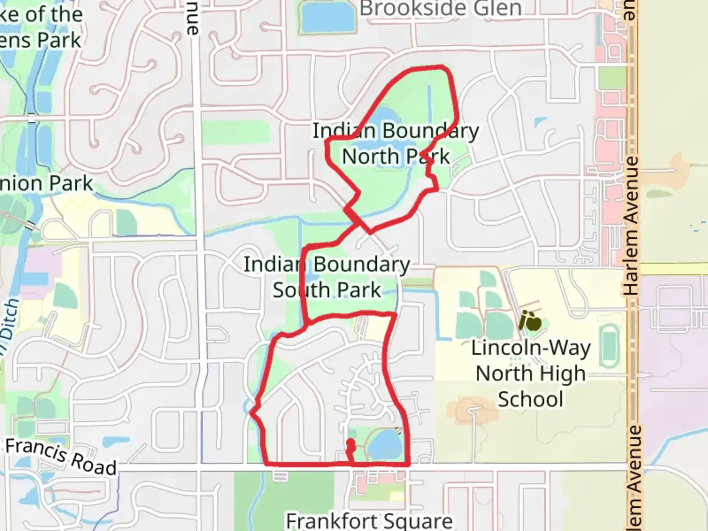 An image depicting the trail Kingston Park, Indian Boundary North and South Park Loop and its surrounding area.