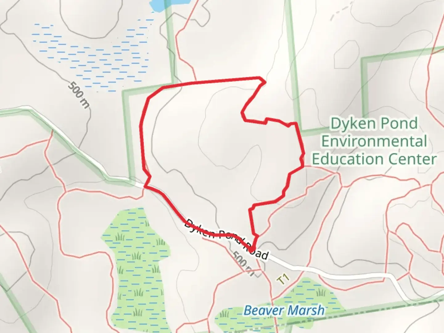 An image depicting the trail Dyken Pond Road and Spring Trail Loop and its surrounding area.