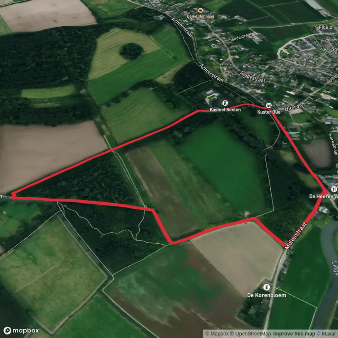 An image depicting the trail Kasteel Soelen via Grote Rivierenpad and Beemdsestraat and its surrounding area.