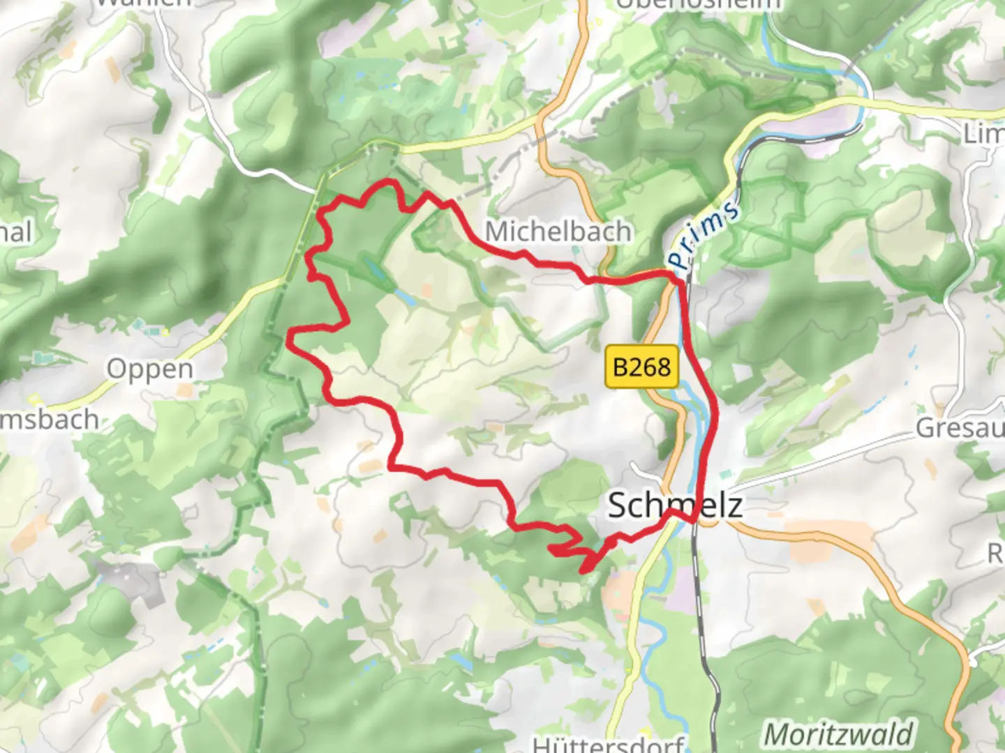 An image depicting the trail Schmelz and Gerichtslinde Loop and its surrounding area.