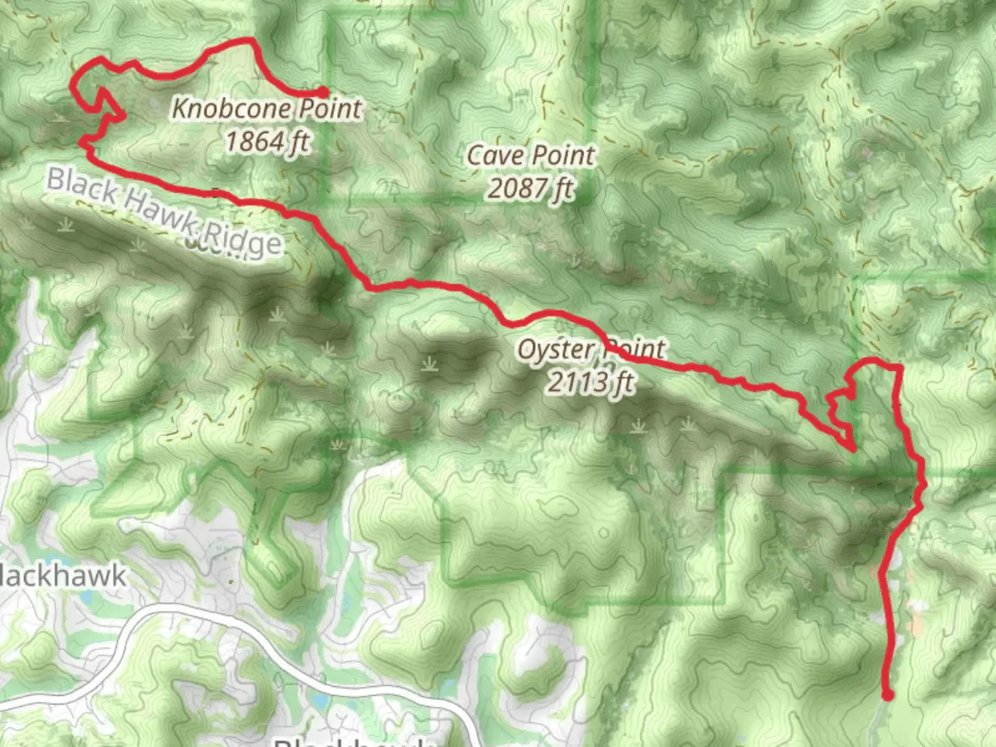 An image depicting the trail Old Finley Road, Oyster Point Trail and Knobcone Point Road and its surrounding area.