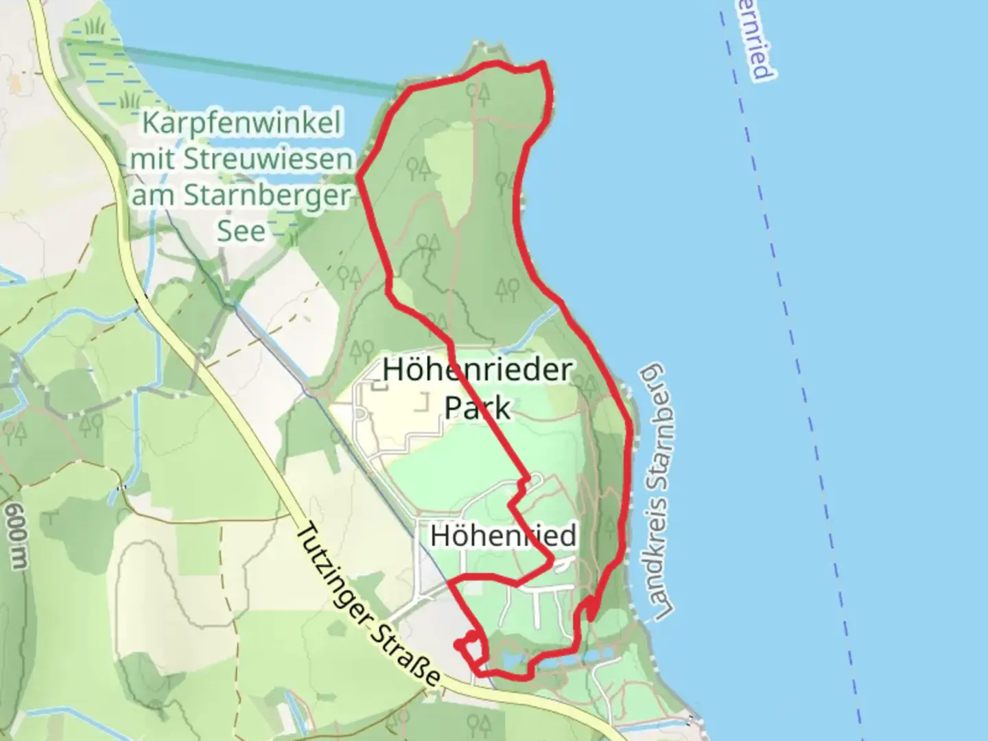 An image depicting the trail Höhenrieder Park via Großer Rundweg and its surrounding area.