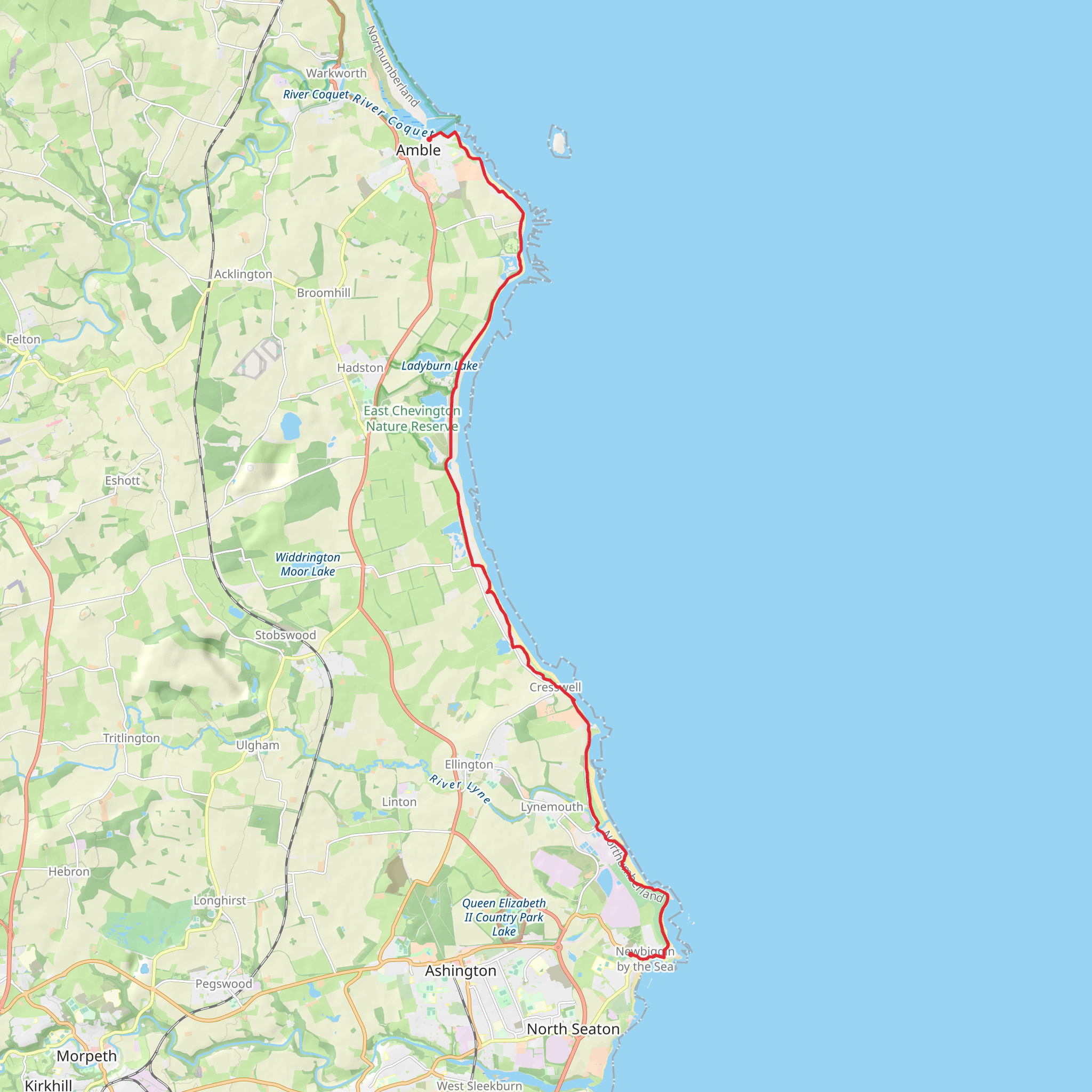 Amble to Newbiggin-by-the-Sea Walk mobile static map