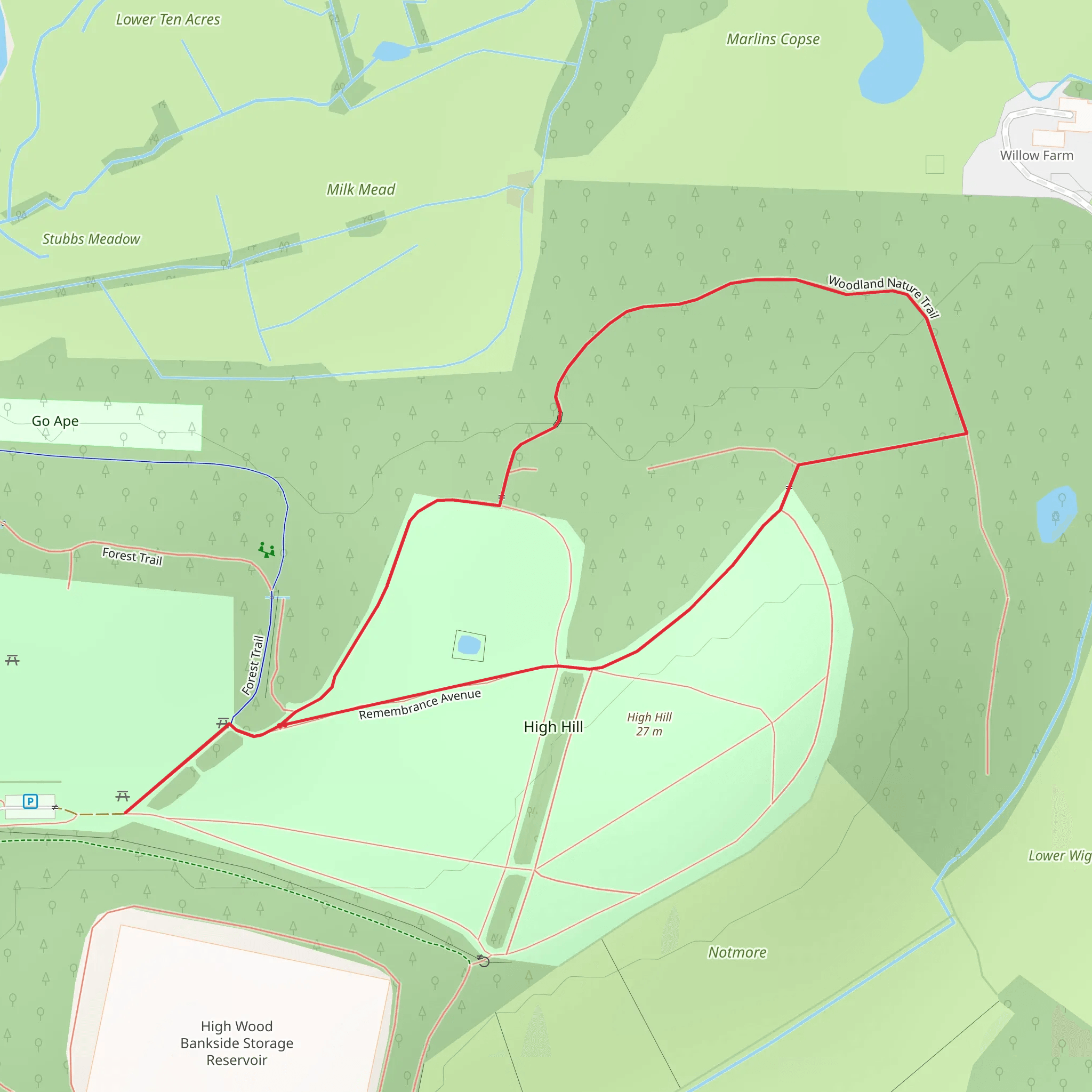 High Hill via Woodland Nature Trail mobile static map