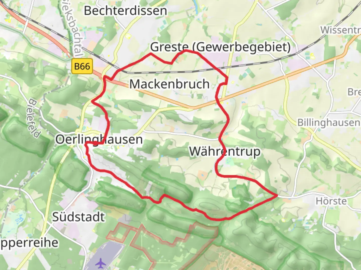 An image depicting the trail Oerlinghausen Loop and its surrounding area.