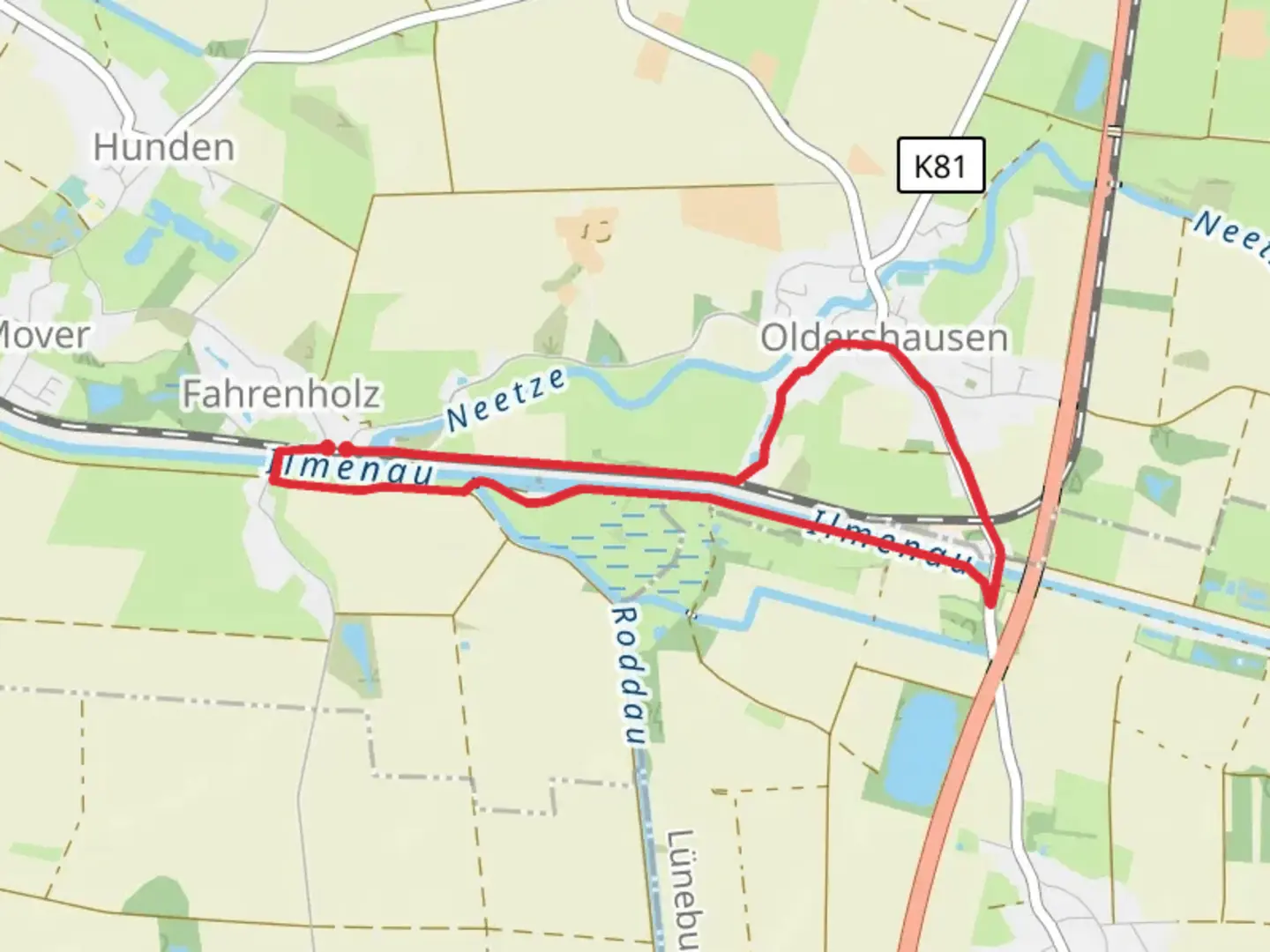 An image depicting the trail Oldershausen and River Ilmenau Loop and its surrounding area.