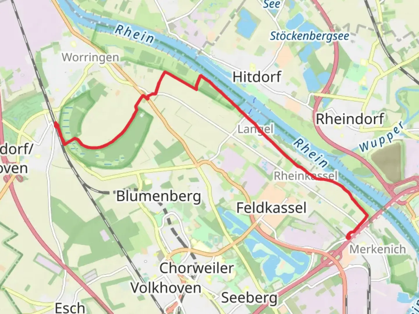 An image depicting the trail Thenhoven to Merkenich via Senfweg and Kasselberger Weg and its surrounding area.