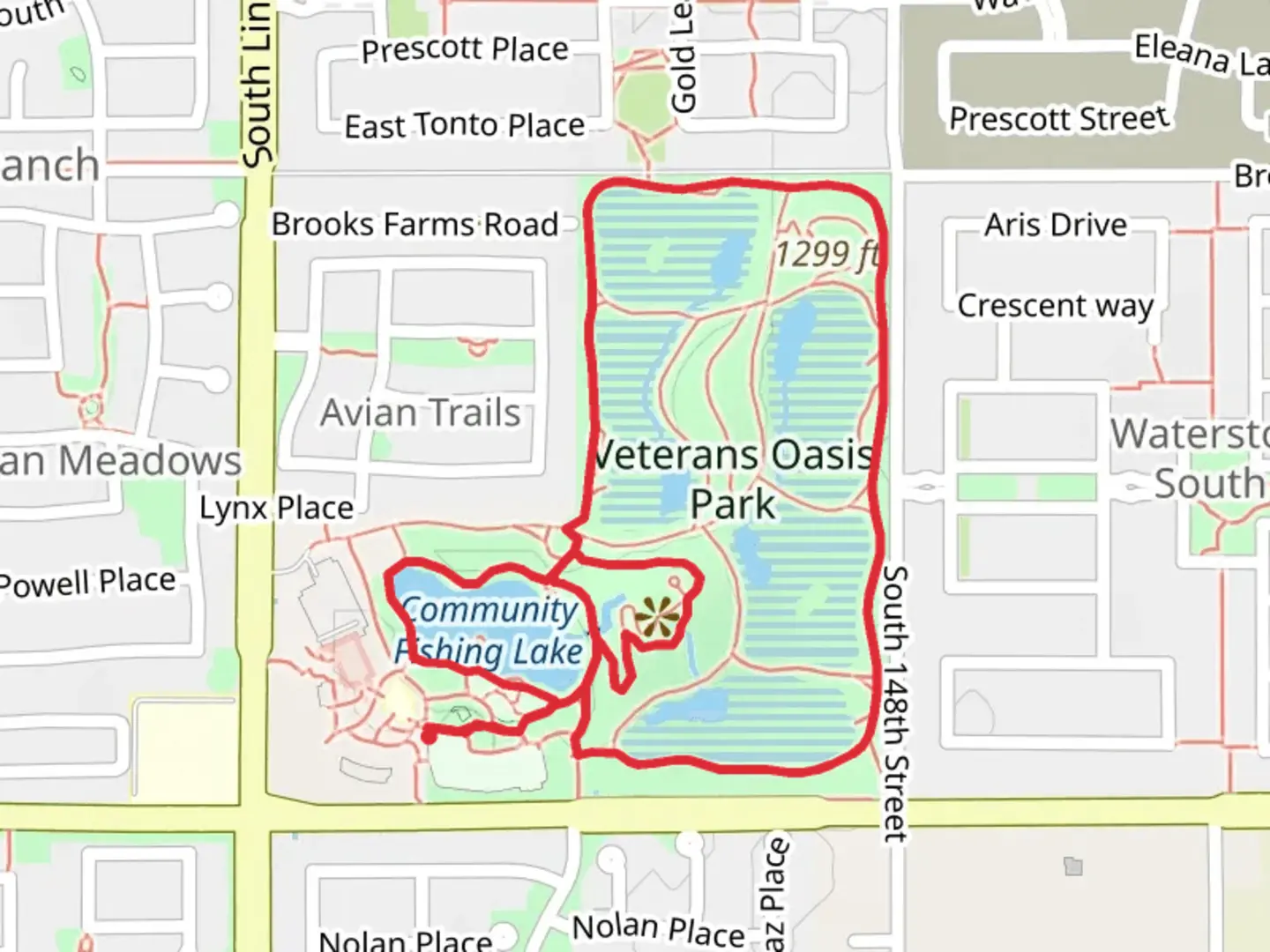 An image depicting the trail Recharge Basin - Community Fishing Lake Loop and its surrounding area.