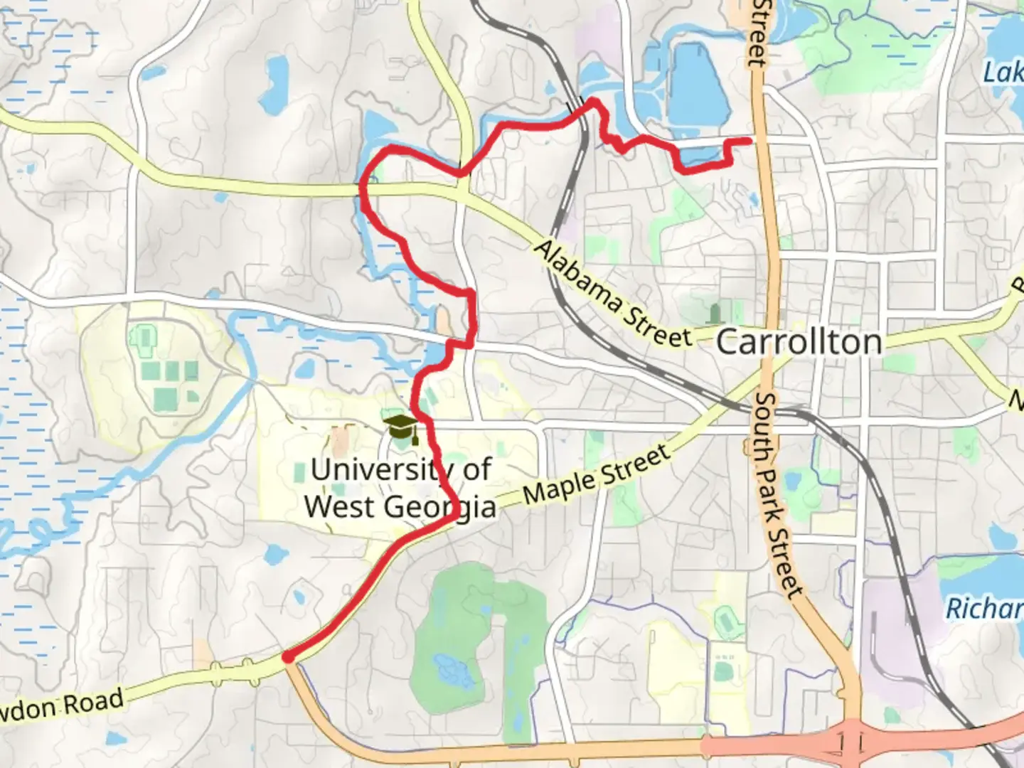 An image depicting the trail Carrolton Greenbelt - Maple Street and its surrounding area.