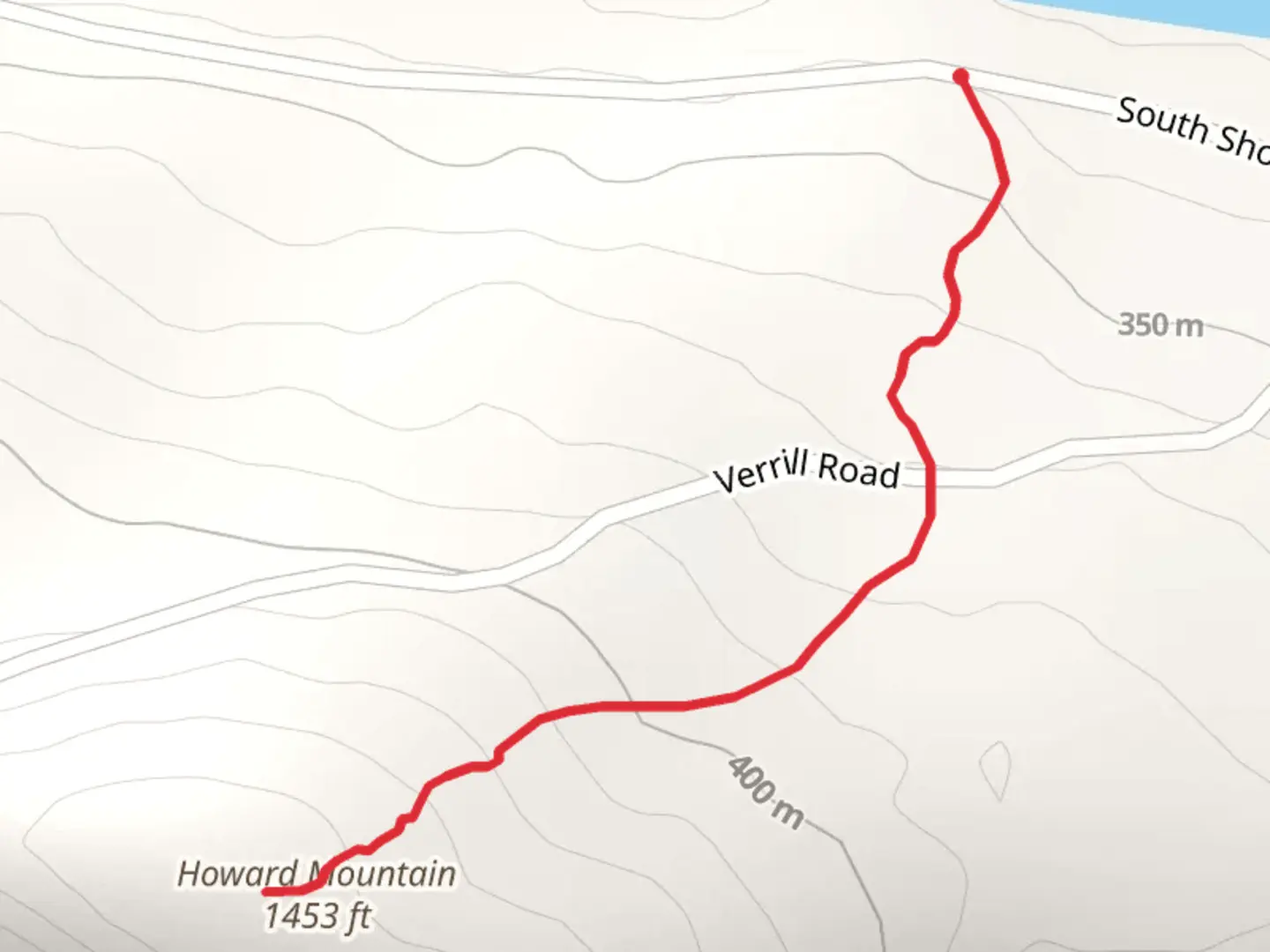An image depicting the trail Howard Mountain from South Shore Road and its surrounding area.