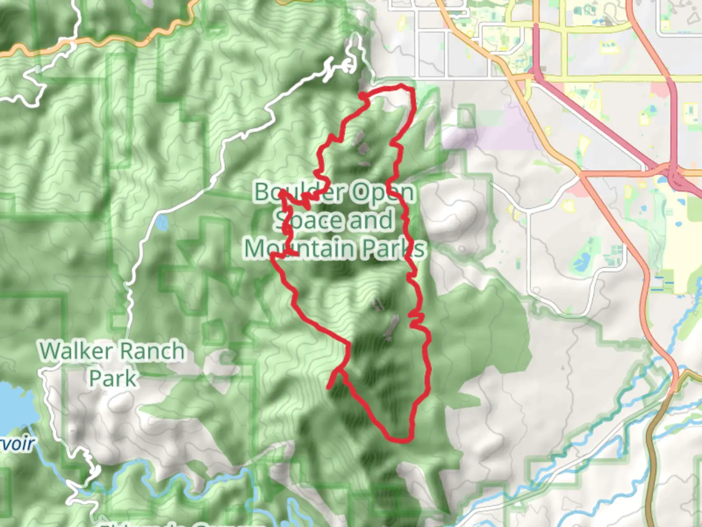 An image depicting the trail Amphitheater, Green Mountain, Bear Peak, South Boulder Peak and Bluebell Hiking Loop Trail and its surrounding area.