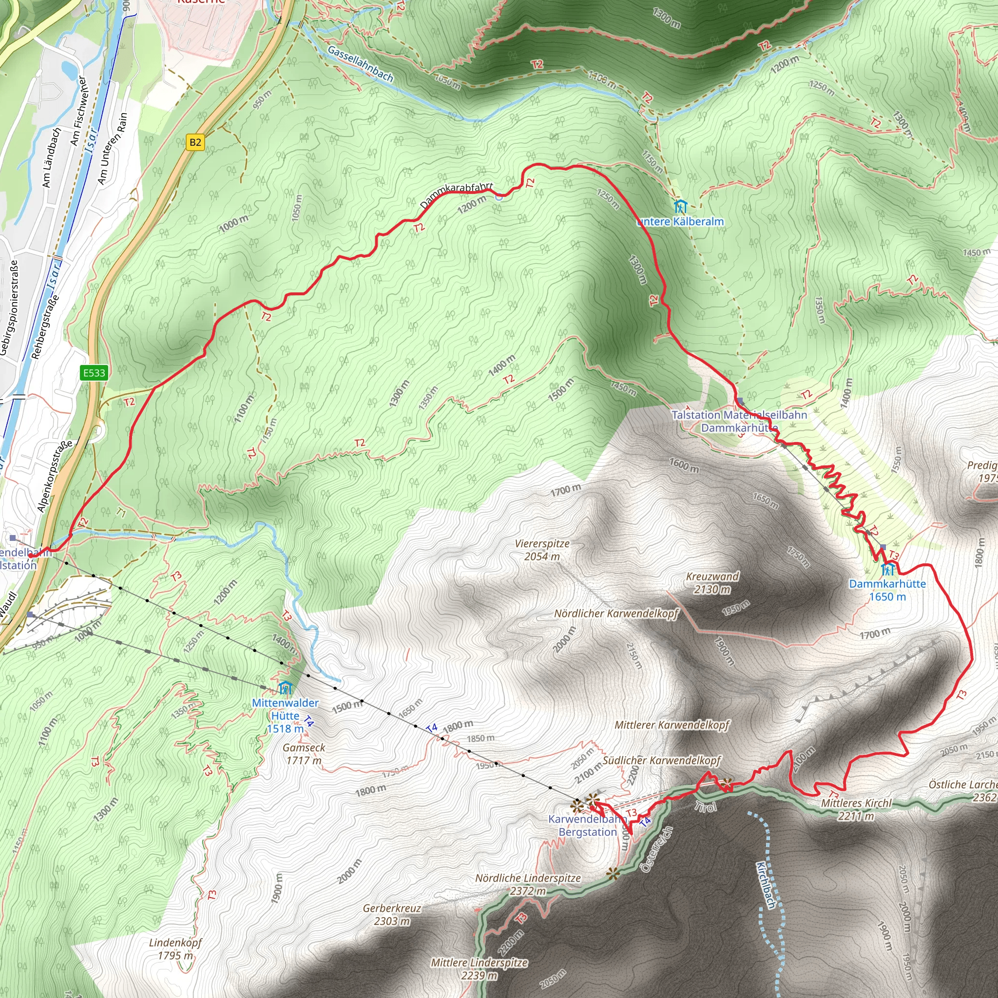 Westliche Karwendelspitze to Untere Dammkarscharte and Karwendelbahn Talstation Walk mobile static map