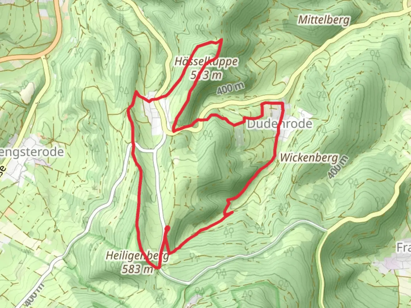 An image depicting the trail Heiligenberg and Hasselkuppe Loop via Rundweg Heiligenberg Dudenrode and its surrounding area.