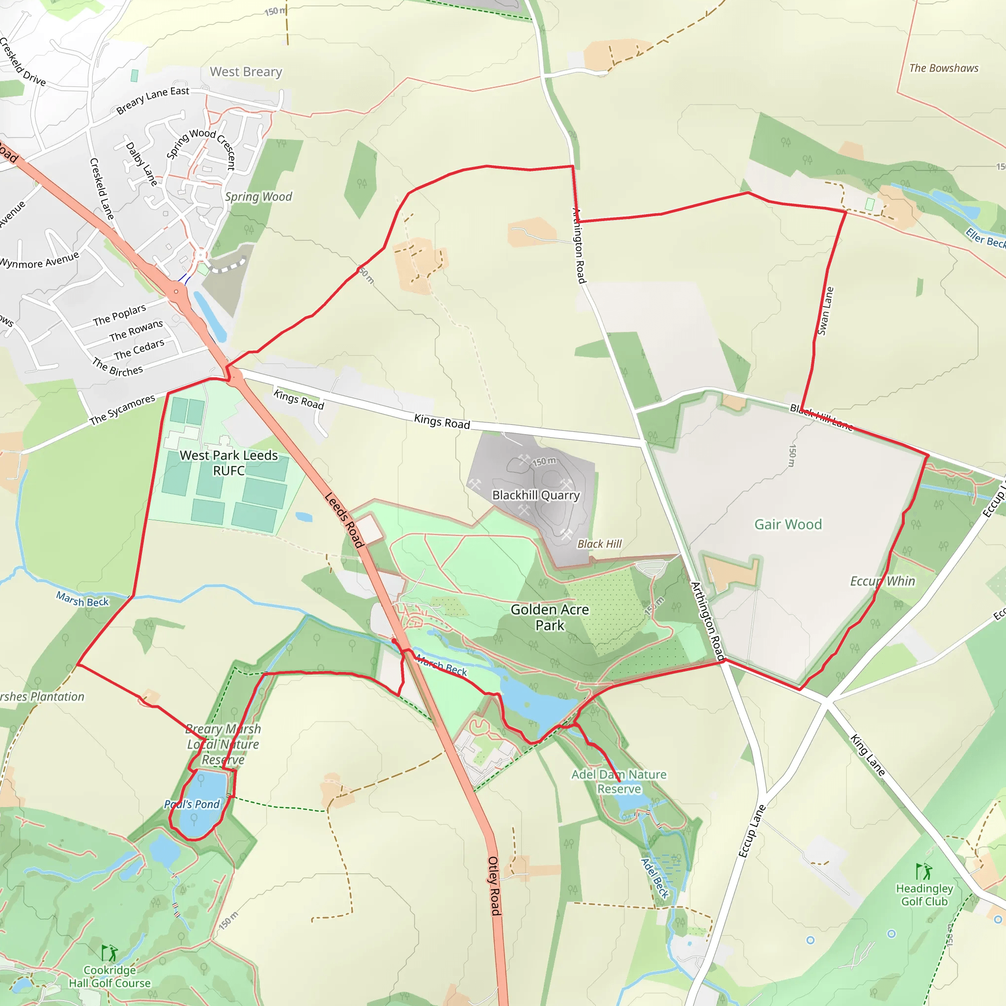 Golden Acre Park - Swan Lane - East Breary - Bramhope and Fish Pond Plantation mobile static map