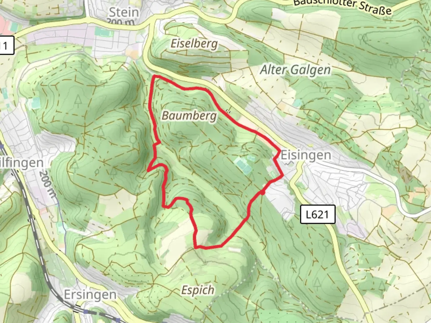 An image depicting the trail Hauptwald Loop - Eisingen and its surrounding area.