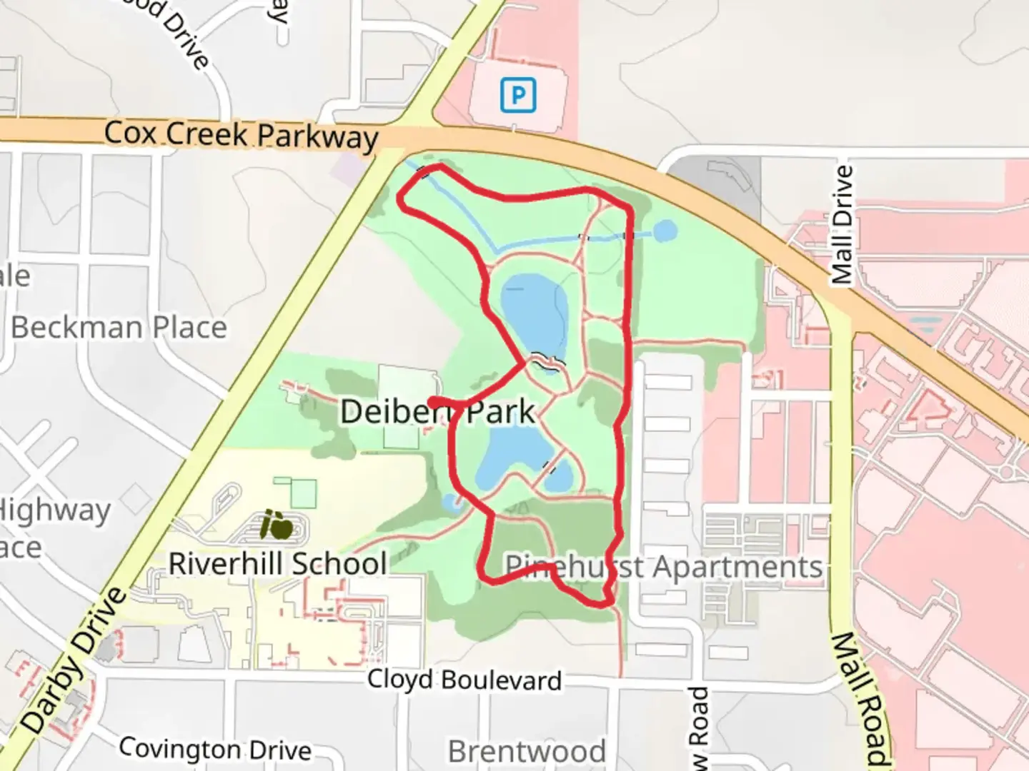 An image depicting the trail Deibert Park Loop and its surrounding area.