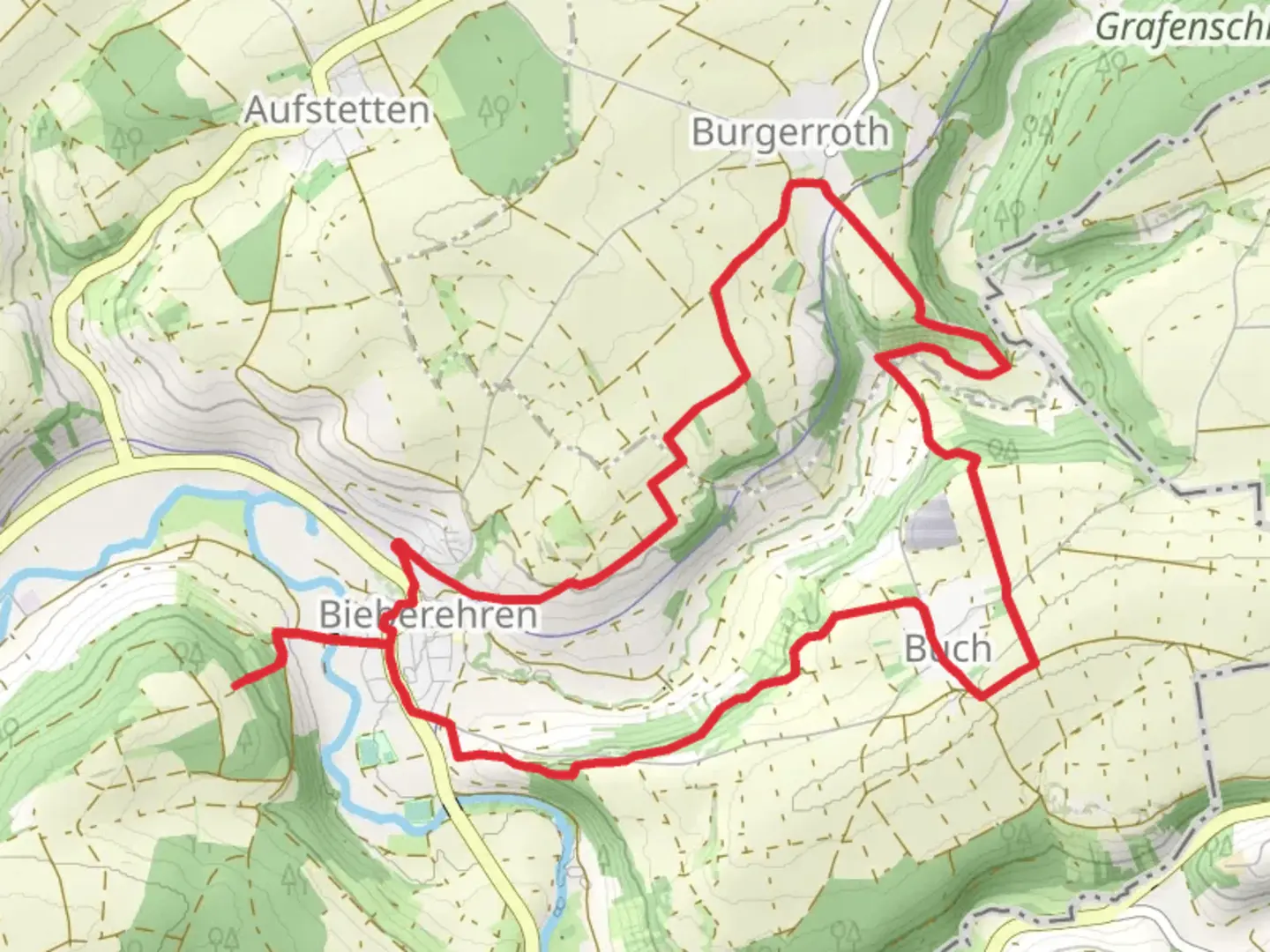 An image depicting the trail Kulturweg Bieberehren and its surrounding area.