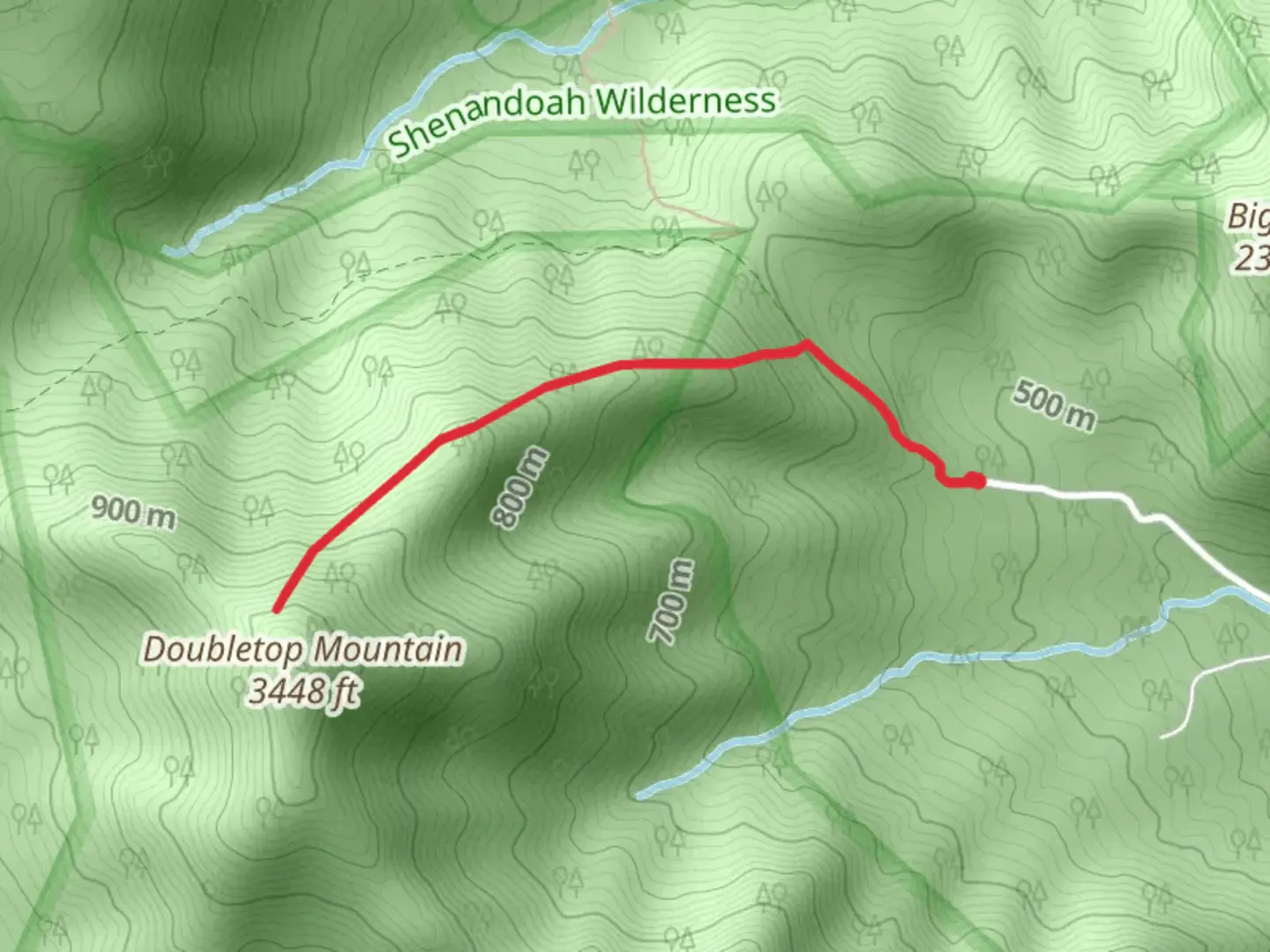 An image depicting the trail RWMA Access Trail via Upper Dark Hollow Trail and its surrounding area.