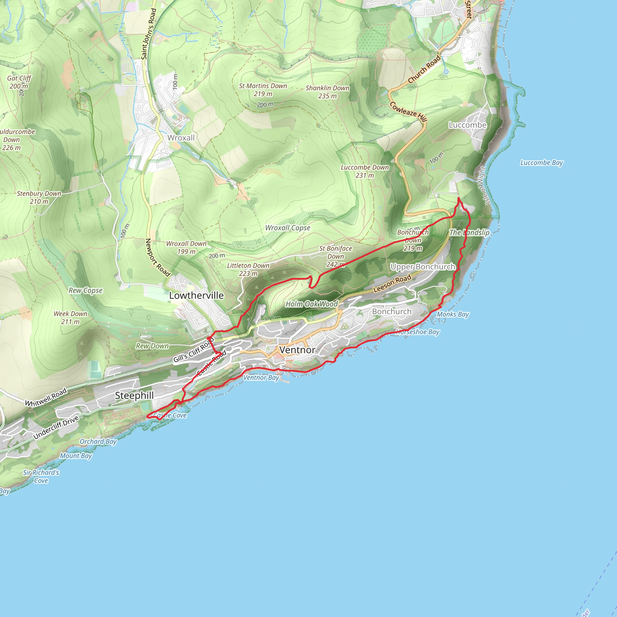 Bonchurch Down, Landslop Recreational Area and Horseshoe Bay via Isle of Wight mobile static map
