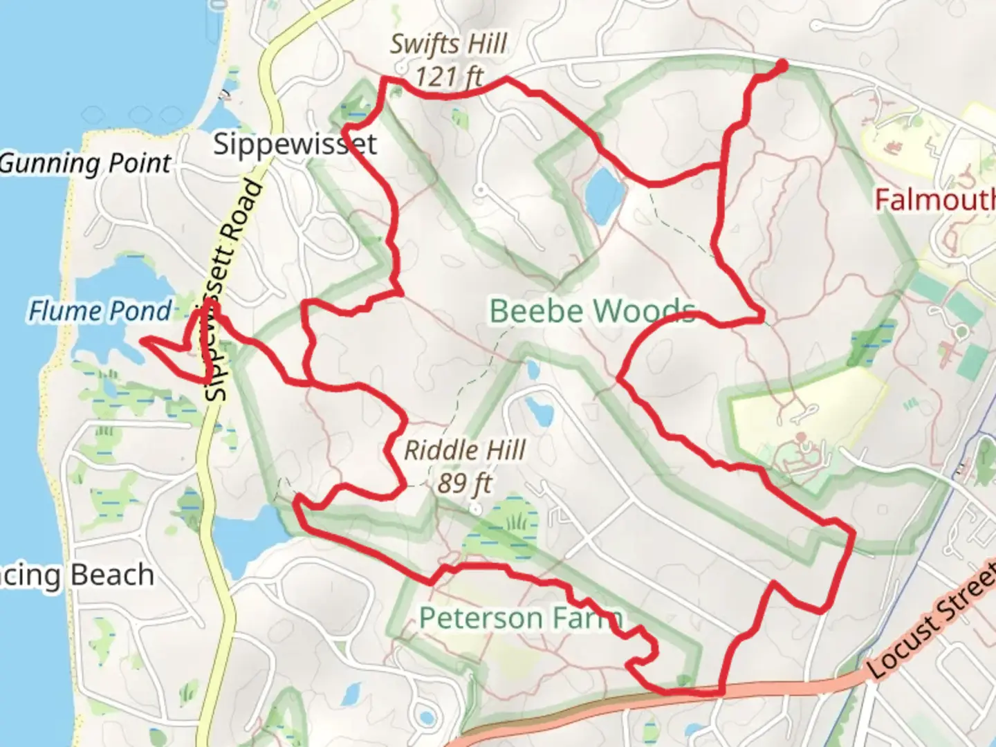 An image depicting the trail Punch Bowl, Flume Pond and The Cape Cod Way Loop Trail and its surrounding area.