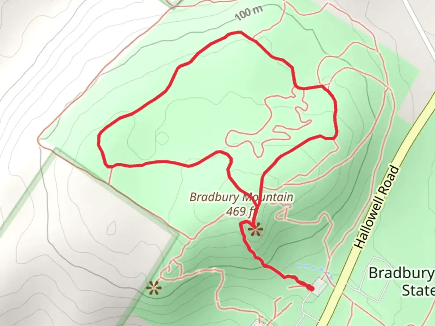 An image depicting the trail Bradbury Mountain via Tote Road and its surrounding area.