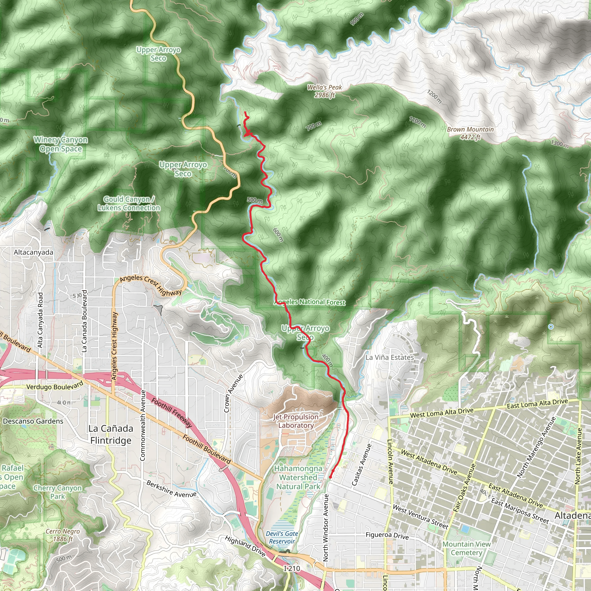 Arroyo Seco Creek via Gabrielino Trail mobile static map