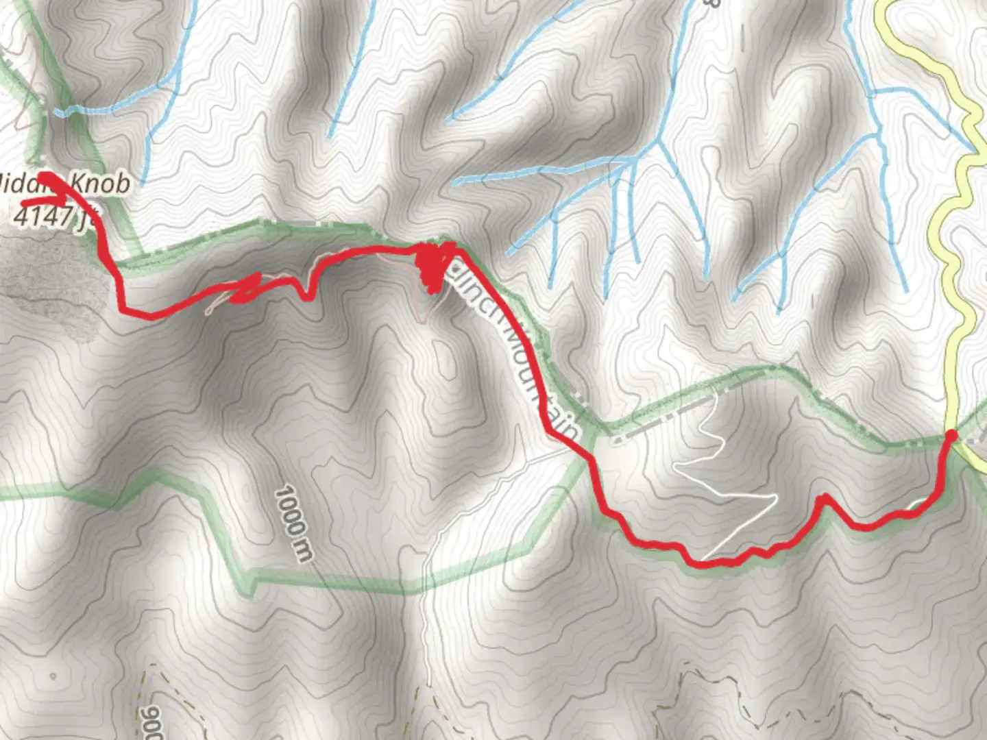 An image depicting the trail Middle Knob via Brumley Mountain Trail and its surrounding area.