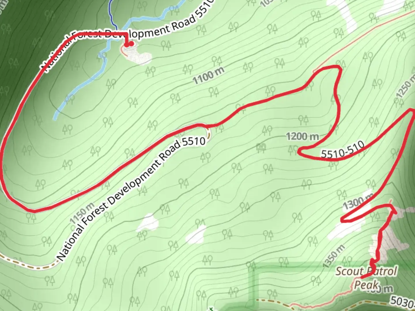 An image depicting the trail Scout Patrol Peak Out and Back and its surrounding area.
