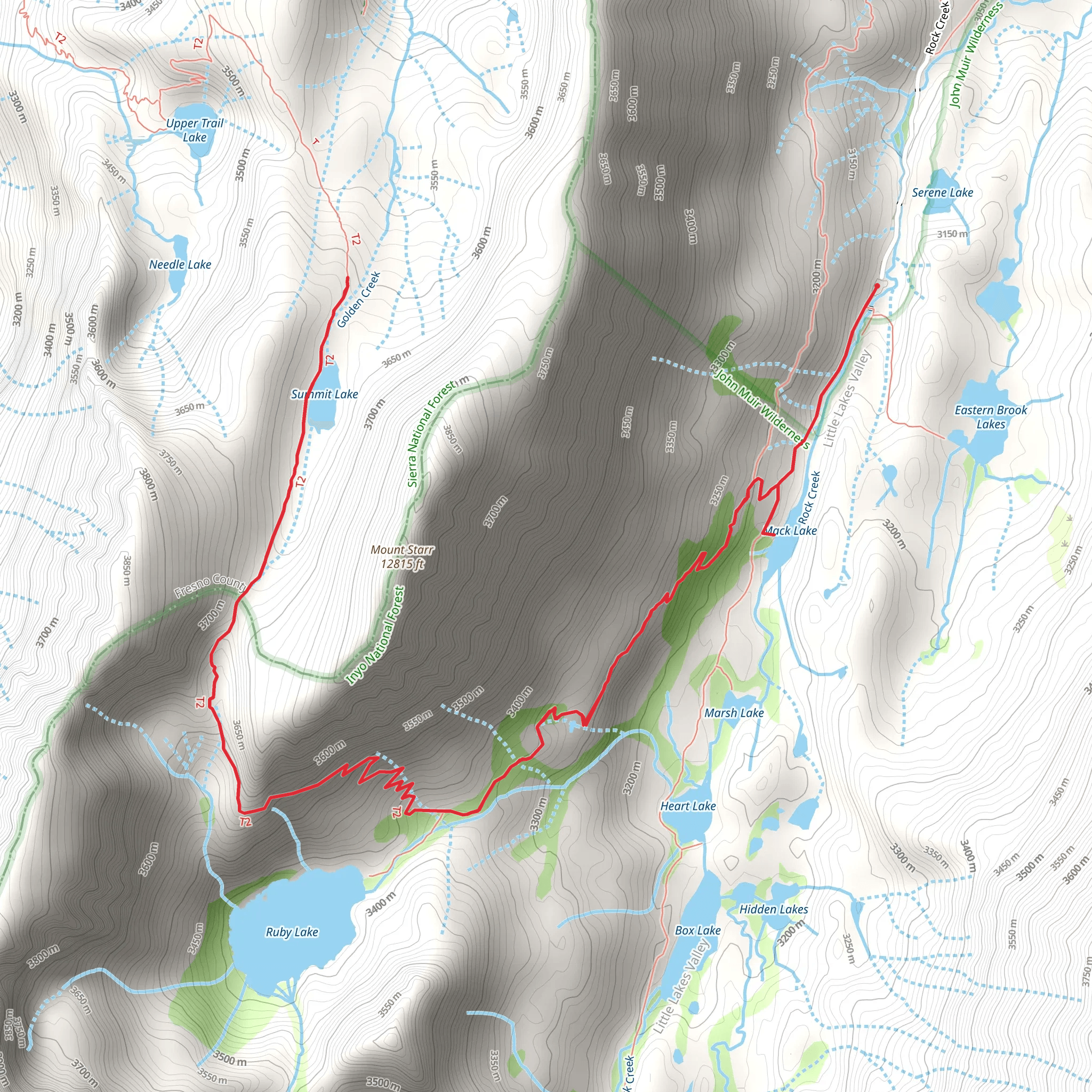 Mack Lake, Mono Pass and Summit Lake via Little Lakes Valley Trail mobile static map