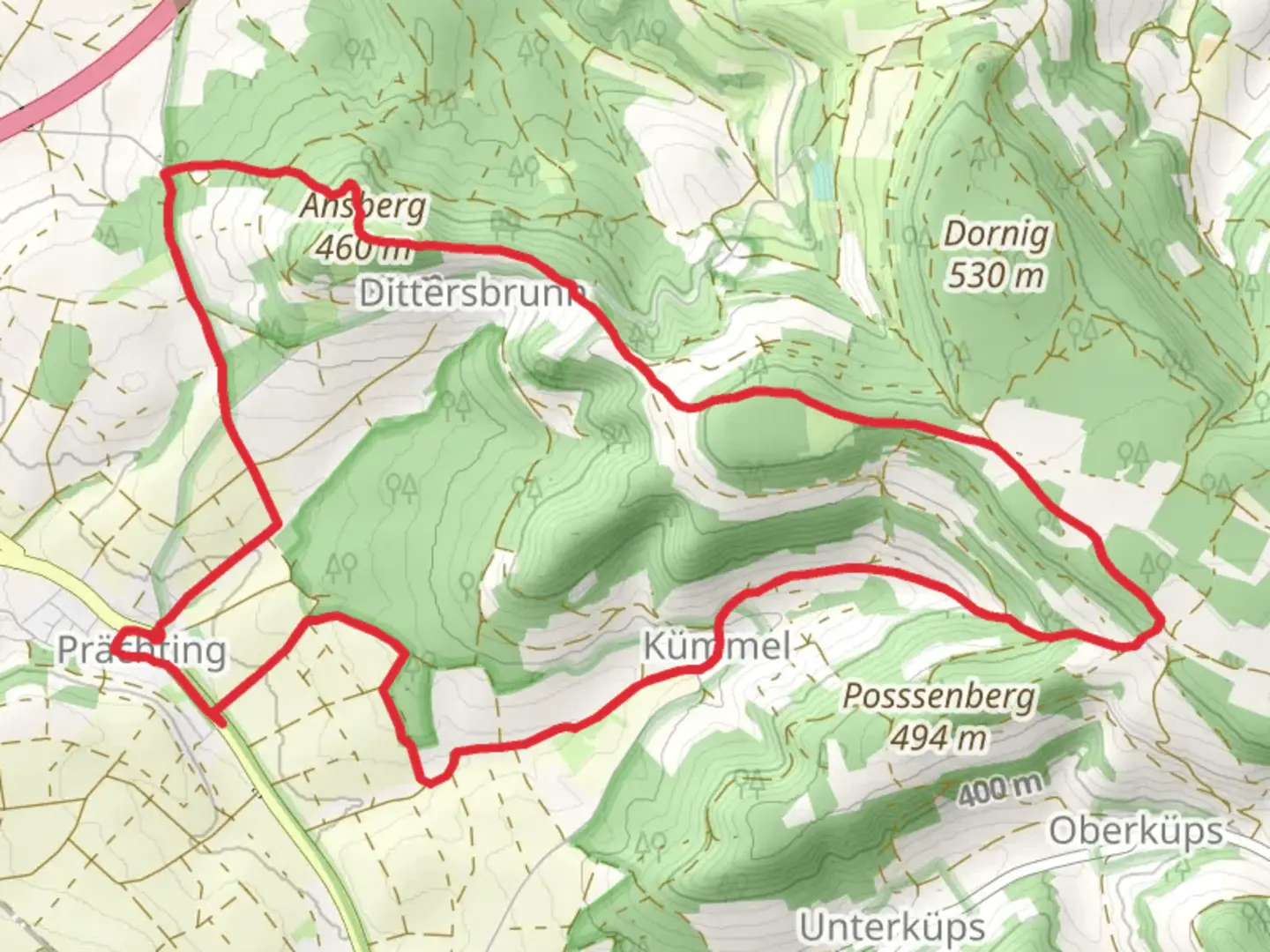 An image depicting the trail Veitsberg Hoehenweg and its surrounding area.