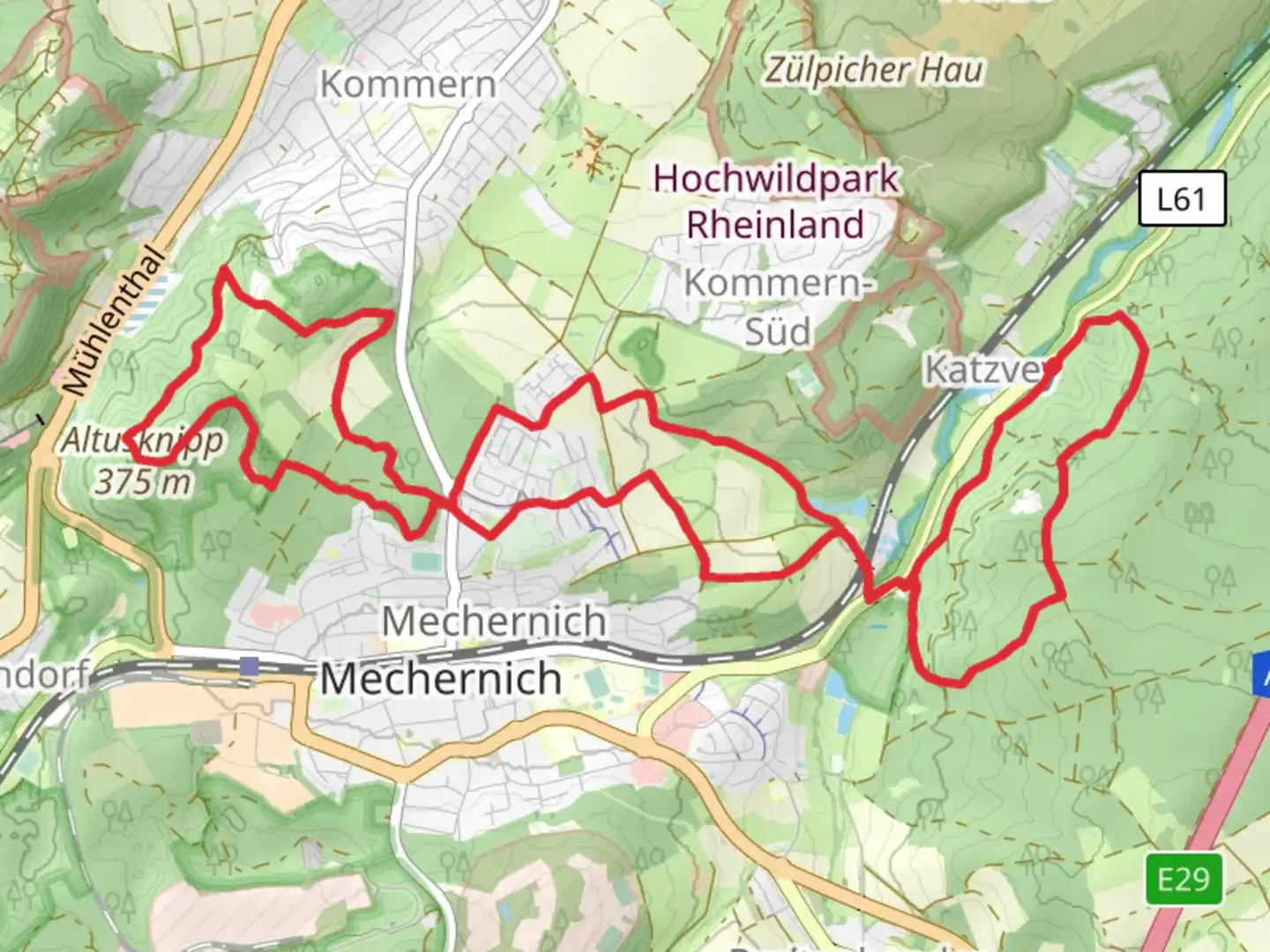 An image depicting the trail Katzensteine and Altusknipp via Kay Koenig Route and its surrounding area.