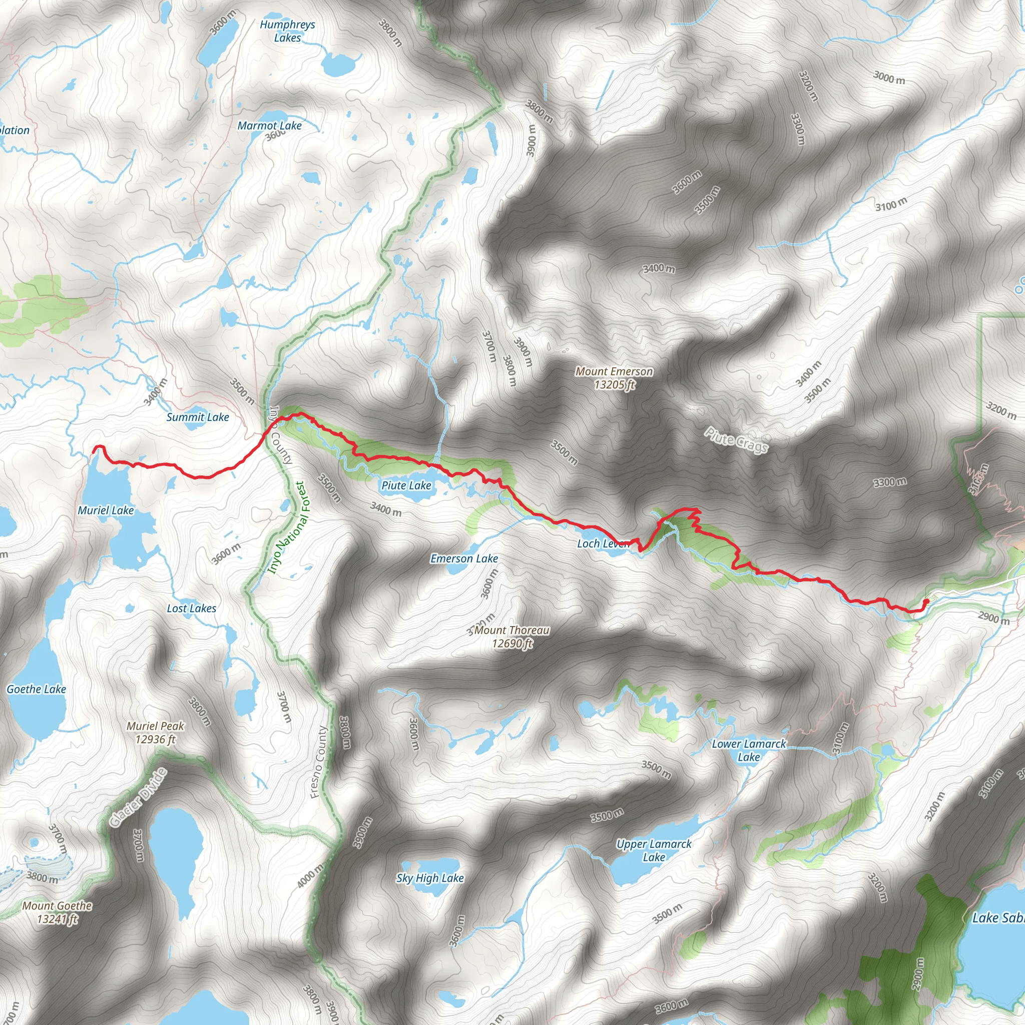 Muriel Lake, Piute Lake and Loch Leven via Piute Pass Trail mobile static map