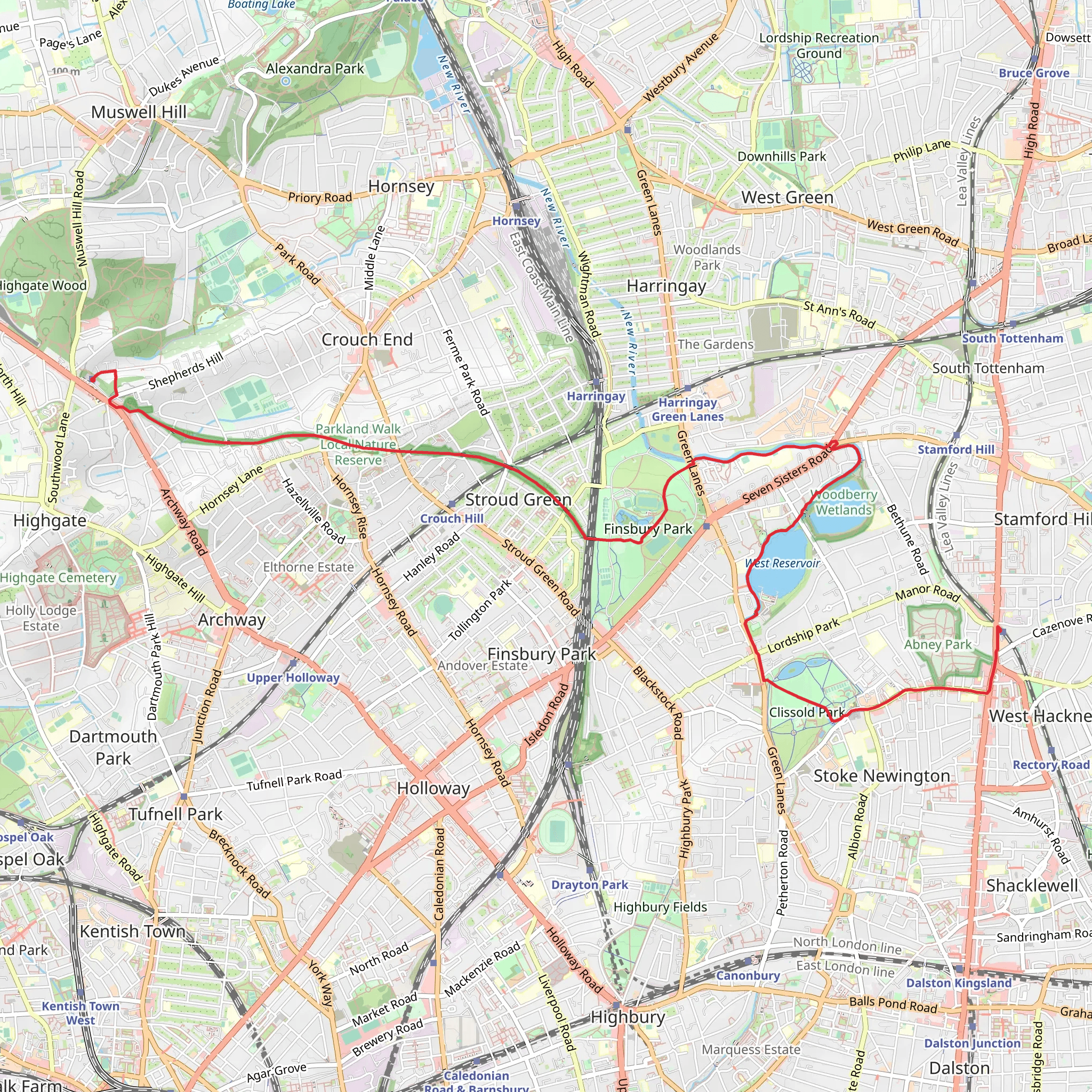 Clissold Park, Finsbury Park and West Reservoir via Parkland Walk Local mobile static map