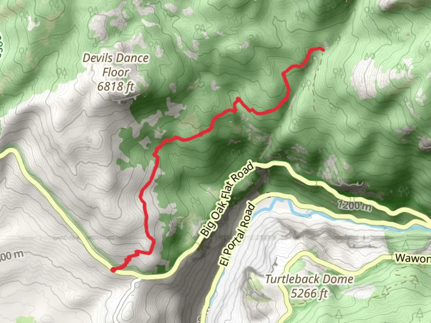 An image depicting the trail Old Big Oak Flat Road Trail and its surrounding area.