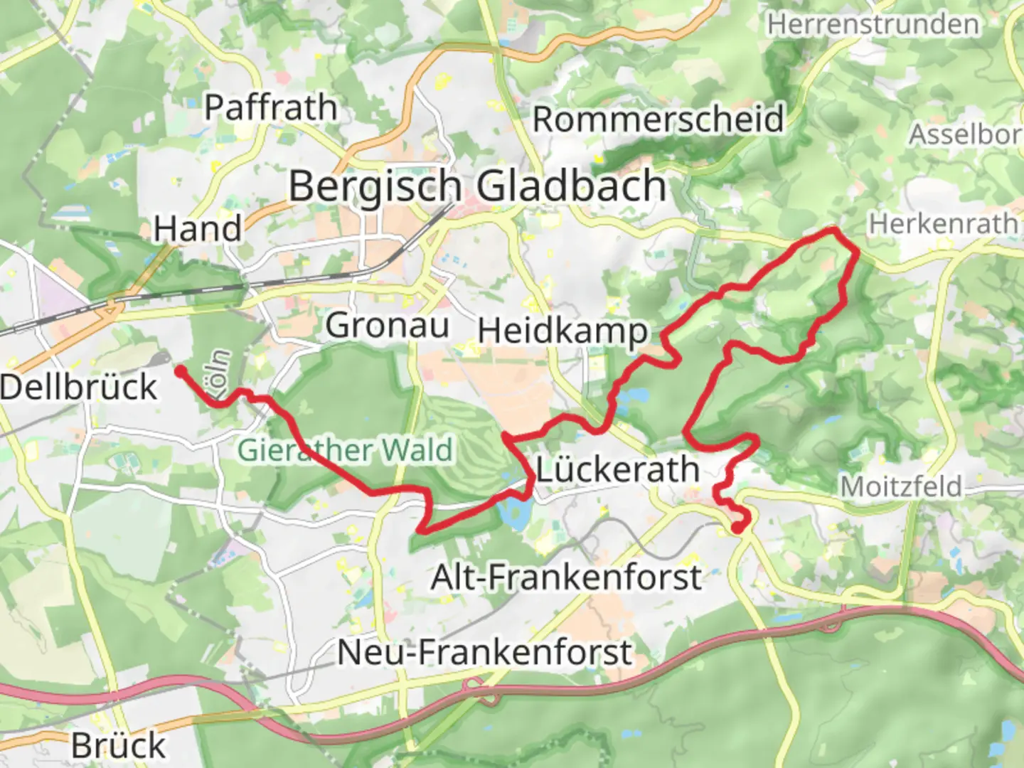 An image depicting the trail Thielenbruch to Bensberg Walk and its surrounding area.