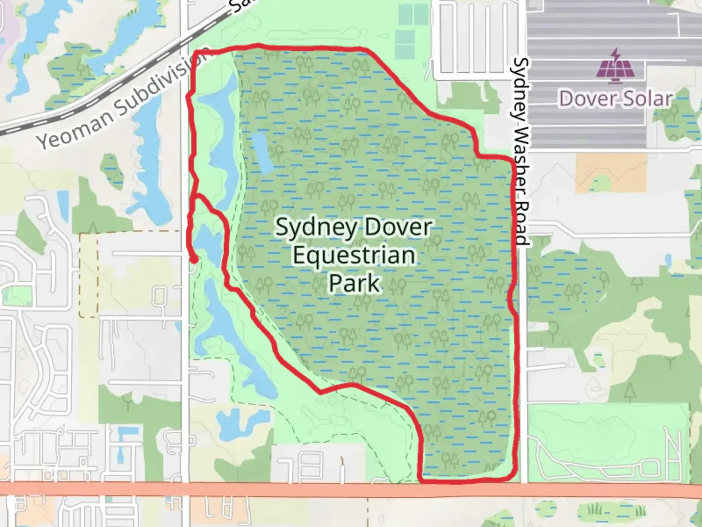 An image depicting the trail Sydney Dover Equestrian Park Loop and its surrounding area.