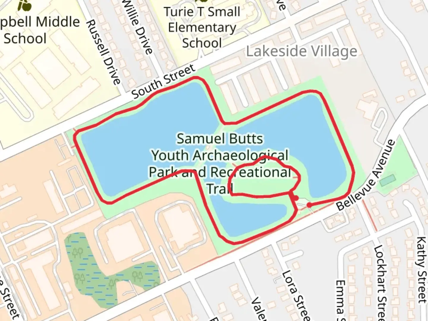 An image depicting the trail Samuel Butts Youth Archaeological Park and Recreational Loop Trail and its surrounding area.