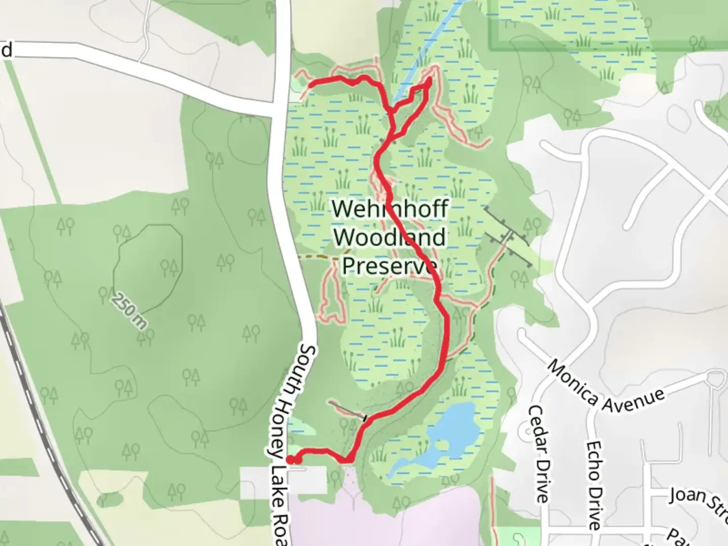 An image depicting the trail Wehmhoff Woods Loop Trail and its surrounding area.